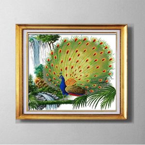 O pavão espalha sua cauda pintura animal contado impresso em tela dmc 14ct 11ct ponto cruz conjunto de bordado artesanal embro265o