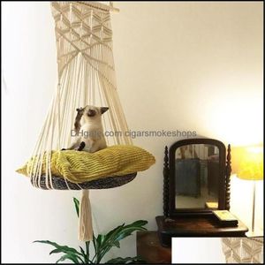 Altalena per gatti Amaca Stile Boho Letto a gabbia Appeso fatto a mano Sedia per dormire Sedili Nappa Gatti Giocattolo Gioca Corda di cotone Animali domestici Consegna goccia2399