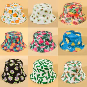 Hot Selling Summer Fruit Print Fisherman Hat med dubbelsidig bassänghatt, färsk solhatt, vårutflykt till Europa och Amerika Cartoon Sun Hat