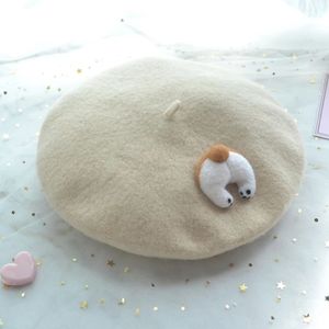 Kawaii Spring Cute Corgi Ass Beret Vintage Artysta malarz Hat Khaki Women Wool Cap zagęszczenie ciepła broszka słodka czapka 274J