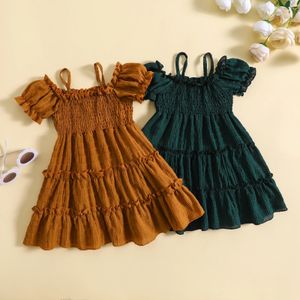 FocusNorm 15y Lovely Kids Girls Summer Dress Ruffles Puff Sleeve Offshoulder Spaghetti Straps SolidAline 240228