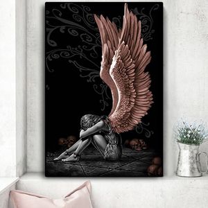 Anjos e demônios pintura em tela cinza personagem asas crânio cartazes impressão escandinavo quadros arte da parede imagem para sala de estar253q