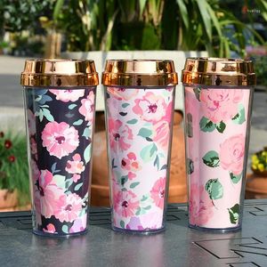 Water Bottles Double-layer Thickened Coffee Cup Card Insert Flower 16oz Plastic Insulated Portable Travel Out