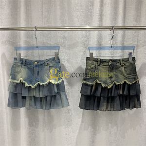 Mode veckade kjolar mesh patckwork denim kjol sexig miniklänning broderi brev retro denim klänningar för kvinnor