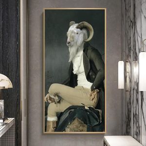 キャンバスアートポストとプリントのヤギクリエイティブアニマルペインティングプリントのヤギのリビングルームのノルディックレトロアート写真