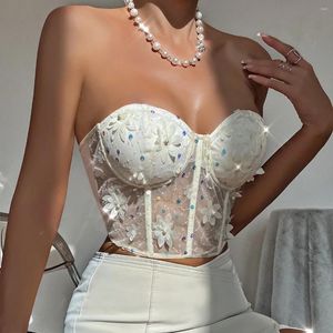 Tanques femininos sexelakas acolchoado top lantejoulas sem mangas camisola mulheres verão ver através de tops sem alças espartilho sexy apliques florais camis