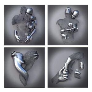 Pinturas 4pcs Love Heart 3D Efeito Arte da parede Resumo Metal Figura Estátua Arte Pintura de 19 polegadas de 7 polegadas Modern home decor309g