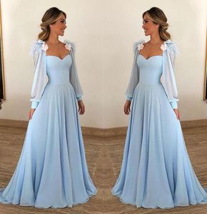 Elegant Sky Blue Chiffon Aline Long Lantern Sleeves Prom Evening Event Dresses High midje Summer Bohemian Axless Prom Party We2470000