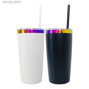 Mugs USA Warehouse 20oz Powder Coated Vacuum Isolated Multi Colors Rainbow Plated Car Cups Tumblers med färgstrå och klart lock för holografiska lasergraveringar