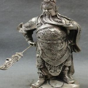 10 Chinese Silver Dragon Head Loyalism Warrior GuanGong Guan Yu God Statue metal handicraft327b