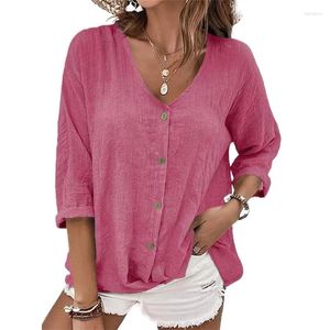 Kvinnors blusar Elegant V Neck Single-Breasted Cardigan Shirt Kvinnor Bekväm bomullslinne Löst blus Damer pendlare Casual Tops stora