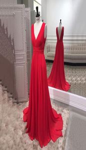 Simple 2019 Red Long Evening Dresses Sleeveless Double V Neck Chiffon Formal Evening Party Dress Custom Made Prom Gowns51682198408283