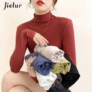 女性のTシャツJielur 7色半分タートルネックニットTシャツ女性秋、新しいソフトベーシックボトムトップフェイレッドコーヒーTシャツS-XL L24312