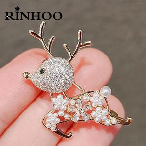 Broches Rinhoo Luxo Adorável Cervos de Natal para Mulheres Imitação de Pérola Flor Zircon Elk Lapel Pins Xmas Animal Badges Jóias