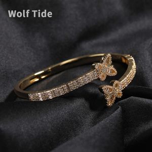 Aesthetic Street Gold Butterfly Bangle Bracelet Open Cuff For Women Hip Hop Copper Prong Iced Out Cubic Zirconia Full Bling Diamond Rapper Cz Stone Jewelry Pulsera