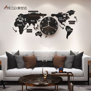 120CM Punch- DIY Black Acrylic World Map Large Wall Clock Modern Design Stickers Silent Watch Home Living Room Kitchen Decor 2268u