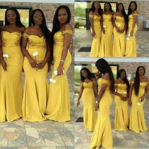 2024 Charming Yellow Lace Bridesmaid Dresses Cap Sleeves Mermaid Satin Floor Length Modest Formal Prom Bridesmaids Gowns