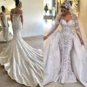 Gorgeous Mermaid Wedding Dresses With Detachable Train Off Shoulder Lace Bridal Gown Vestidos Backless Dubai Wedding Dress Plus Size