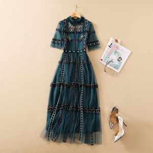 2024 Spring Green Contrast Color Tulle Embroidery Dress 1/2 Half Sleeve Lapel Neck Panelled Midi Casual Dresses S4M111224 Plus Size XXL