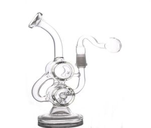 8 inchs glass Recycler Oil Rigs Heady Glass Water Bongs Double Barrel honeycomb Glass Water Pipes Hookahs Shisha with oil pot260J8503670