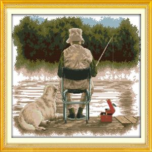 Old Man and Dog Fishing Decor Paintings Handgjorda korsstygnbroderiedelsuppsättningar räknade tryck på duk DMC 14CT 11CT224P