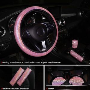 Steering Wheel Covers 7Pcs/Set Car Cover Handbrake Shoulder Pads Coasters Trim Pink Glitter Bling Interior Accessories