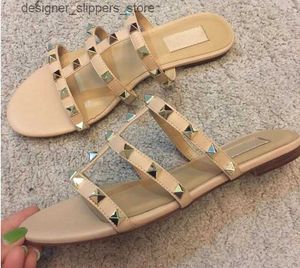 Hausschuhe Gold für Damen Sandalen Flache Flip-Flops Strandschuhe Echtes Leder Sommerklassiker Marke Peep Toe Slipper 35-44 Q240312