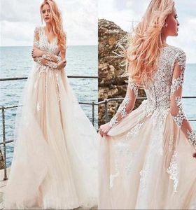 Vintage Lace Long Sleeve Bridal Wedding Dresses Summer Beach Boho Tulle V Neck Appliques Buttons Back Bridal Gowns4662580