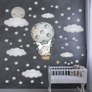 Große Wandaufkleber, 100 cm x 100 cm, niedlicher Baby-Elefant auf dem Luftballon, Wandaufkleber, Aquarell-Sterne, für Babyzimmer311F