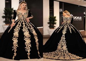 Vestidos de noite longos 2022 lindo vestido de baile 34 manga longa vneck árabe ouro renda veludo preto feminino formal vestidos de noite 4598090