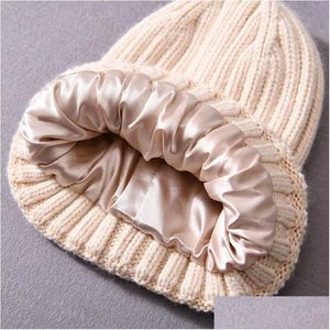 Beanie/Kafatası Kapakları Beanie/Skl Kapaklar Kış İpek Saten Düzenli Beanie Hats Kadın Erkekler Uni Kalın Tıknaz Kapak Çizgili Sıcak Yumuşak Yüksek Kaliteli CA OTWMJ