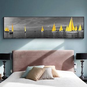 Paintings Sea Yellow Boat Bridge Tower Posters And Prints Landscape Pictures For Home Canvas Painting Wall Art Living Room Decorat312B