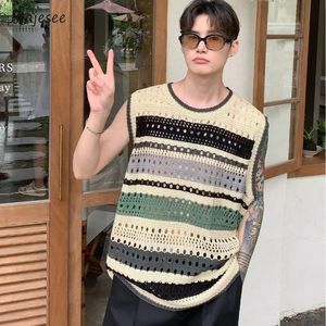 Pullover Weste Männer Harajuku Mode Einfache Sommer Aushöhlen Allmatch Streetwear Japanischen Stil Gestreiften Strickwaren Hip Hop 240312