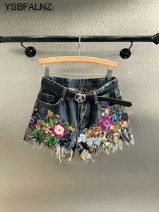 Shorts feminino tendência lantejoulas florais rebarbas buraco jeans shorts vintage cintura larga perna jeans curto verão ldd240312