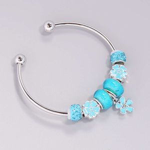 Jewelry DIY Pan Family Ocean Blue Glass Daisy Beaded Bracelet B298