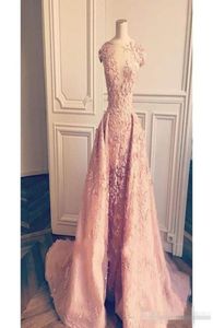 2018 Pink Prom Dresses with Overskirt Detachable Train Lace Applique Capped Short Sleeves Jewel Sheer Neck Formal Evening Gowns Cu8117195
