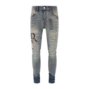 Return To The Ancients New High Street Trendy Brand Tattered Letters, Patched With Embroidered Holes, Elastic Slim Fit, Washed Blue Jeans For Men Stylist