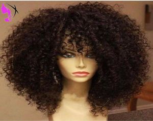 Värmebeständig syntetisk spetsfront peruk med bangs naturliga hårfäste brasilianska kinky lockiga peruker för kvinnor6476752