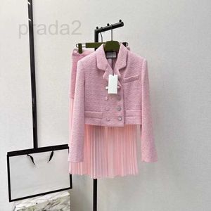 Women's Jackets Designer 24 early spring socialite style pink double breasted short jacket with coarse tweed patchwork pleated half skirt set O4H9