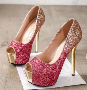 Elbise ayakkabıları kadın pompalar moda bahar sonbahar slip-on peep toe pullu kumaş 14cm ince topuklu platform klasikler düğün altın