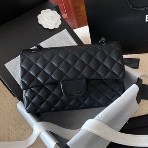 All Black Women Designer Classic Double Flap Shoulder Bag 25cm Diamond Lattice Quilted Soft Leather Matelasse Chain Medium Cross Body Handbag Makeup Sacoche Purse