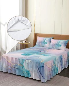 Sängkjol marmor turkos rosa elastisk utrustade sängöverdrag med örngott skyddande madrass täcker sängkläder