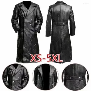 Erkek trençkotları siyah deri yağmurluk subayı askeri klasik Alman erkek giyim ceket erkekler için uzun ceketler