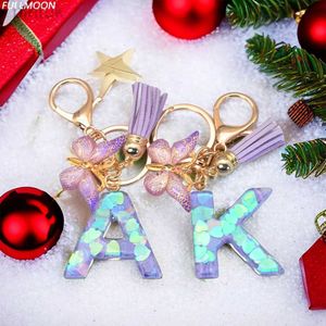 Keychains Lanyards Purple Sequin 26 Letter Keychain Glitter Resin Butterfly Initial Keyring for Women Purse Bag Charm Car Ornament Christmas Gift ldd240312