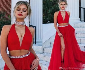 Błyszczące seksowne kryształowe koraliki Dwie kawałki sukienki na studniówkę bez rękawów Side Slit Slit Runway Modna suknia wieczorna Formalna gwiazda Party 5065865