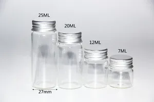 Flaskor 50 st 7 ml 12 ml 20 ml 25 ml glasflaskskruv aluminium cap silikonpropp tom burk förseglad presentvätska mat