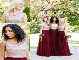 Rose Gold paljetter Bourgogne Country Two Pieces Bridesmaid Dresses Mix Style Long Junior Wedding Party Guest Brudtärna klänning Cheap7341039