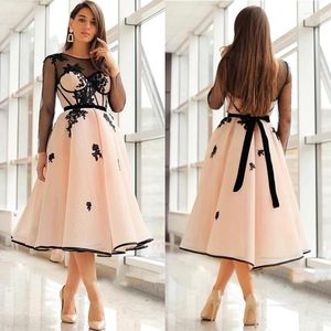 Party Dresses Sexy Lady Pink Prom Turtleneck Long Sleeve Evening A Line Black Lace Sheer Applique Elegant Women's Gowns