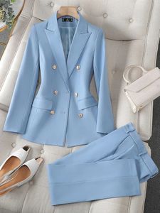 Alta qualidade escritório senhoras calça terno cor sólida mulheres negócios trabalho wear blazer jaqueta e calças feminino formal 2 peça conjuntos 240321