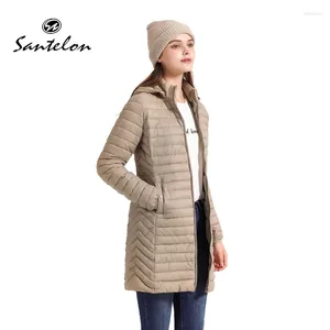 Damen-Trenchmäntel SANTELON Frauen Lange Warme Parka Mantel Mit Kapuze Weibliche Winter Outdoor Gepolsterte Baumwolle Kleidung Ultraleichte Tragbare Outwear